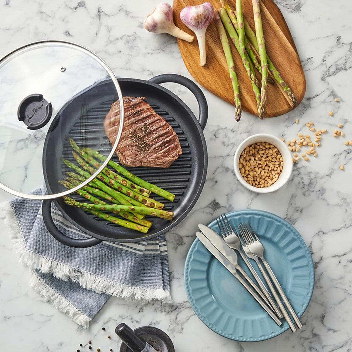 Cast Aluminium Griddle Pan with Glass Lid, 10.6 Diameter, Non-Stick V5271