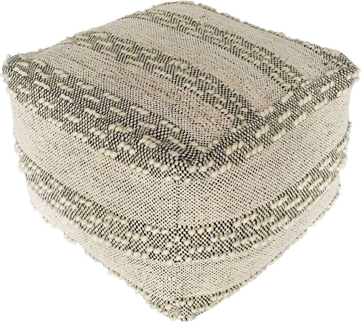 Grey Off/White Woven Striped Cotton Wool Square Pouf G76593