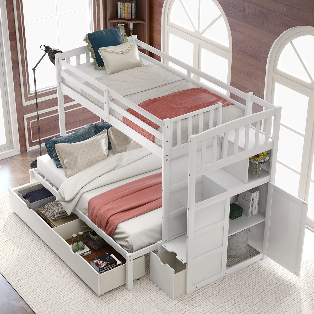 White Twin over Twin Bunk Bed with Drawer and Cabinet S698638