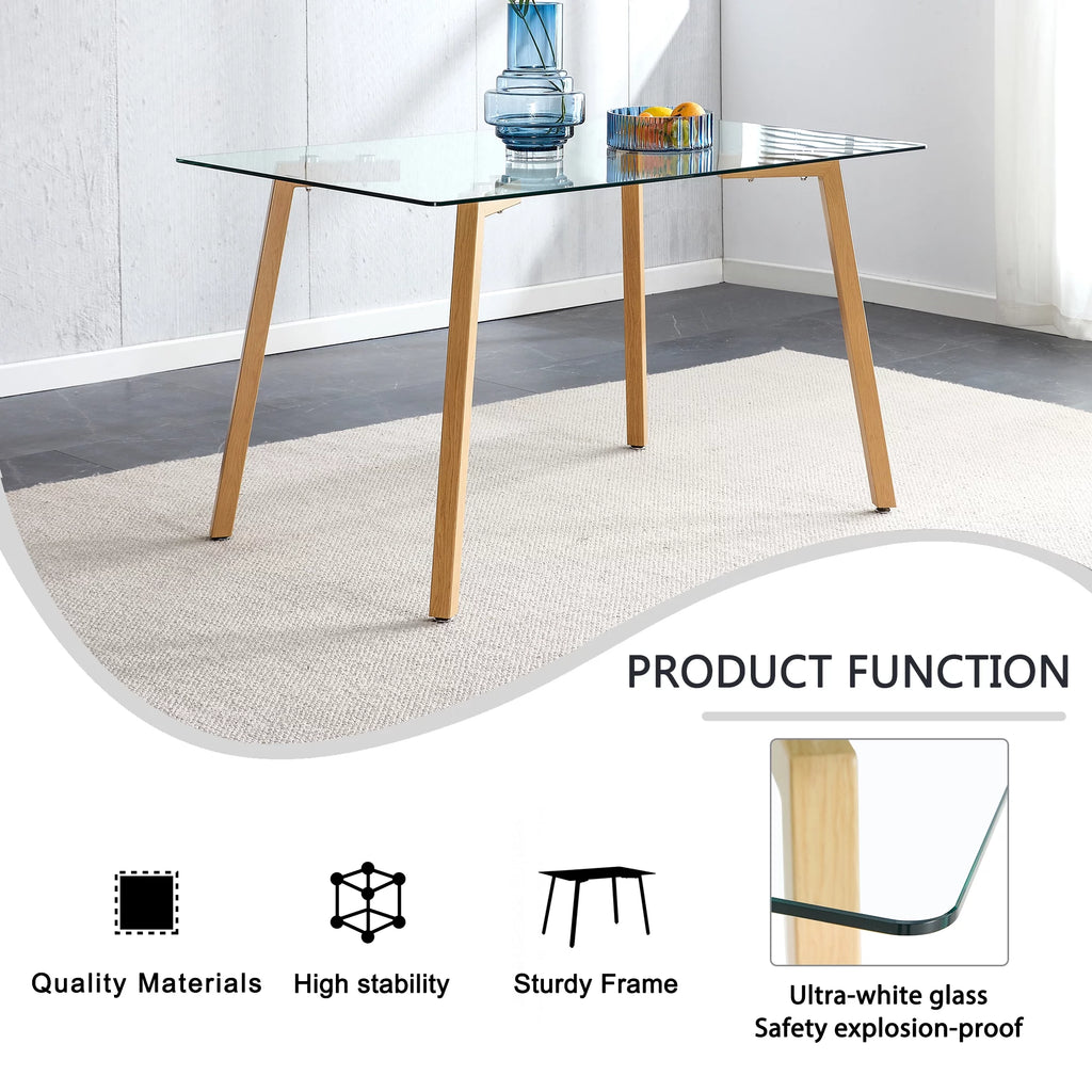 Glass Dining Table Modern Rectangular with Tempered Glass Tabletop and Black Metal Legs F32358