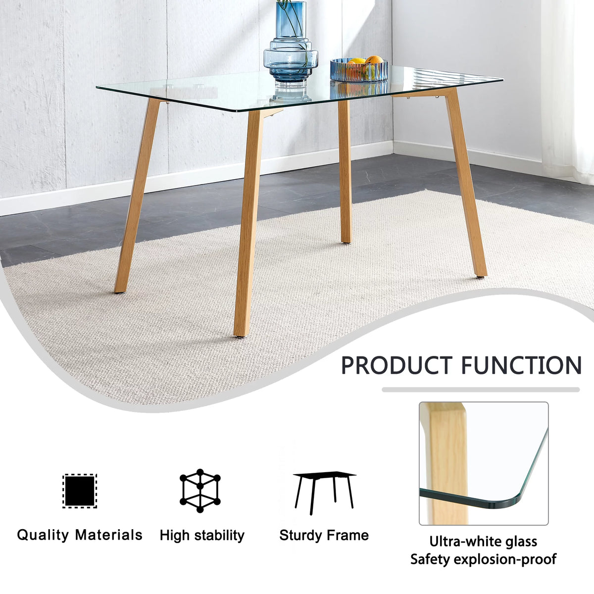 Glass Dining Table Modern Rectangular with Tempered Glass Tabletop and Black Metal Legs F32358