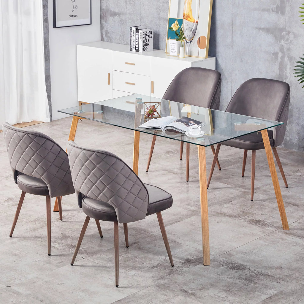 Glass Dining Table Modern Rectangular with Tempered Glass Tabletop and Black Metal Legs F32358