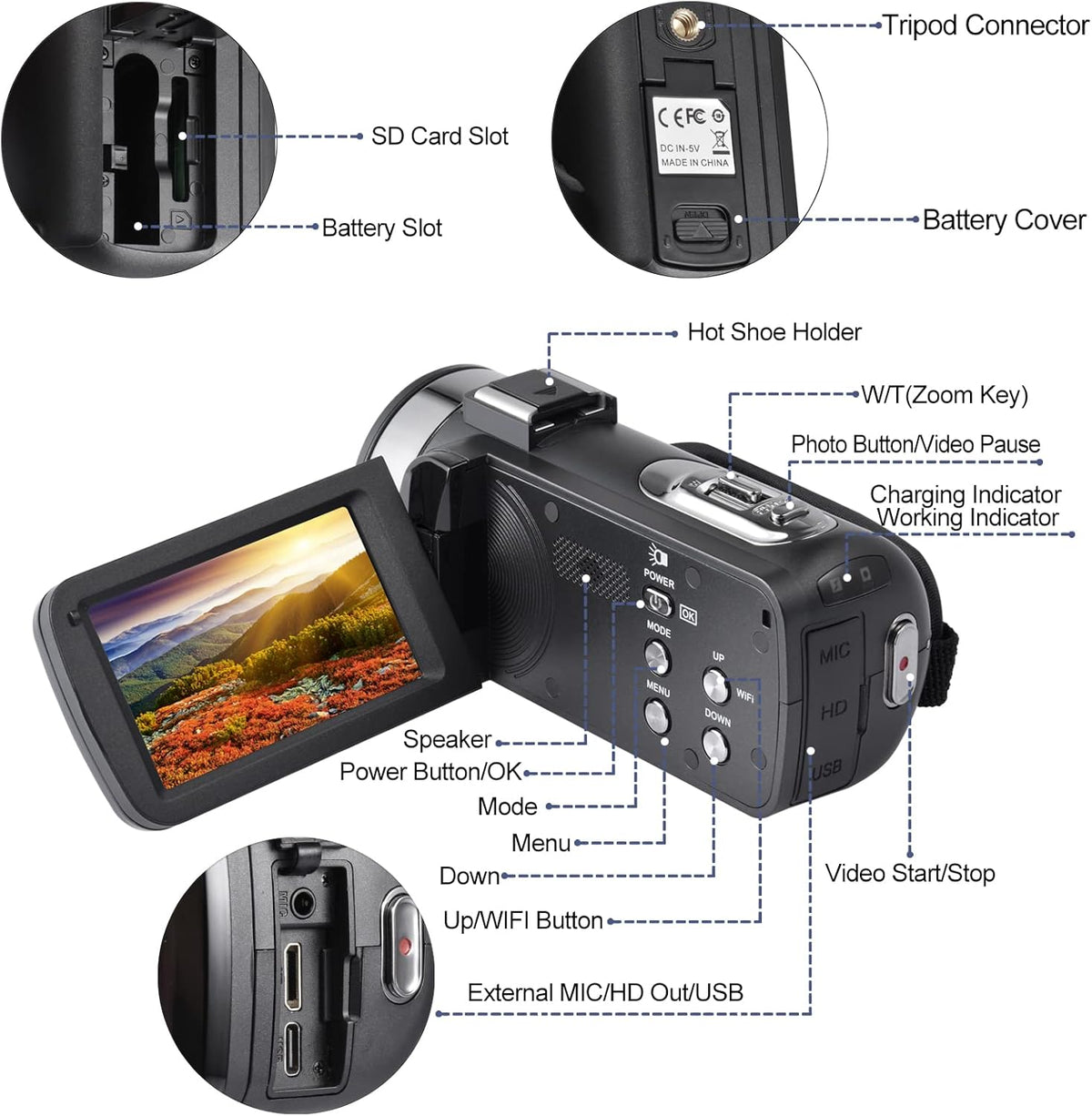 4K 48MP 3.0 Inch IPS Touch Screen Camcorder with Microphone and 2 Batteries (Black) J774