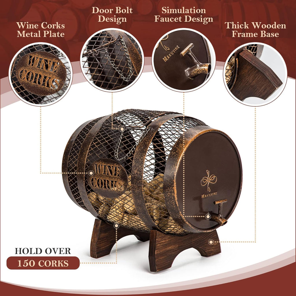 Rustic Metal Large Barrel Wine Cork Holder Display On Wooden Stand N36402