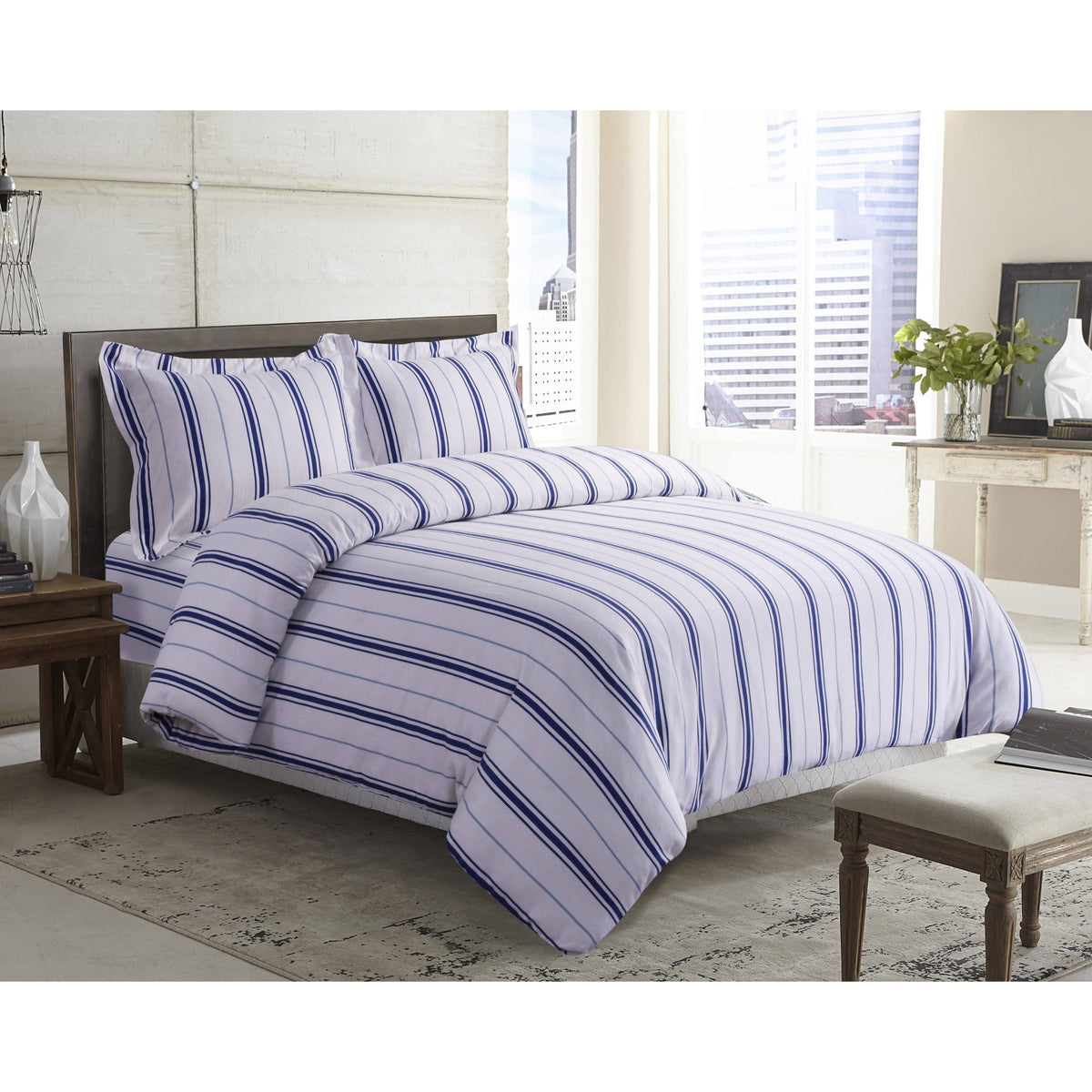 Black Grey Stripe Printed Flannel Duvet Cover Set King G3315