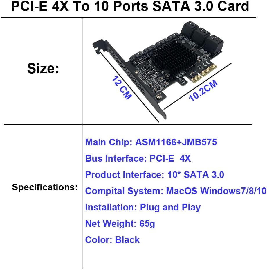 PCIe x4 to SATA 3.0 6Gbps Expansion Card with 10 SATA Cables and Low Profile Bracket T274