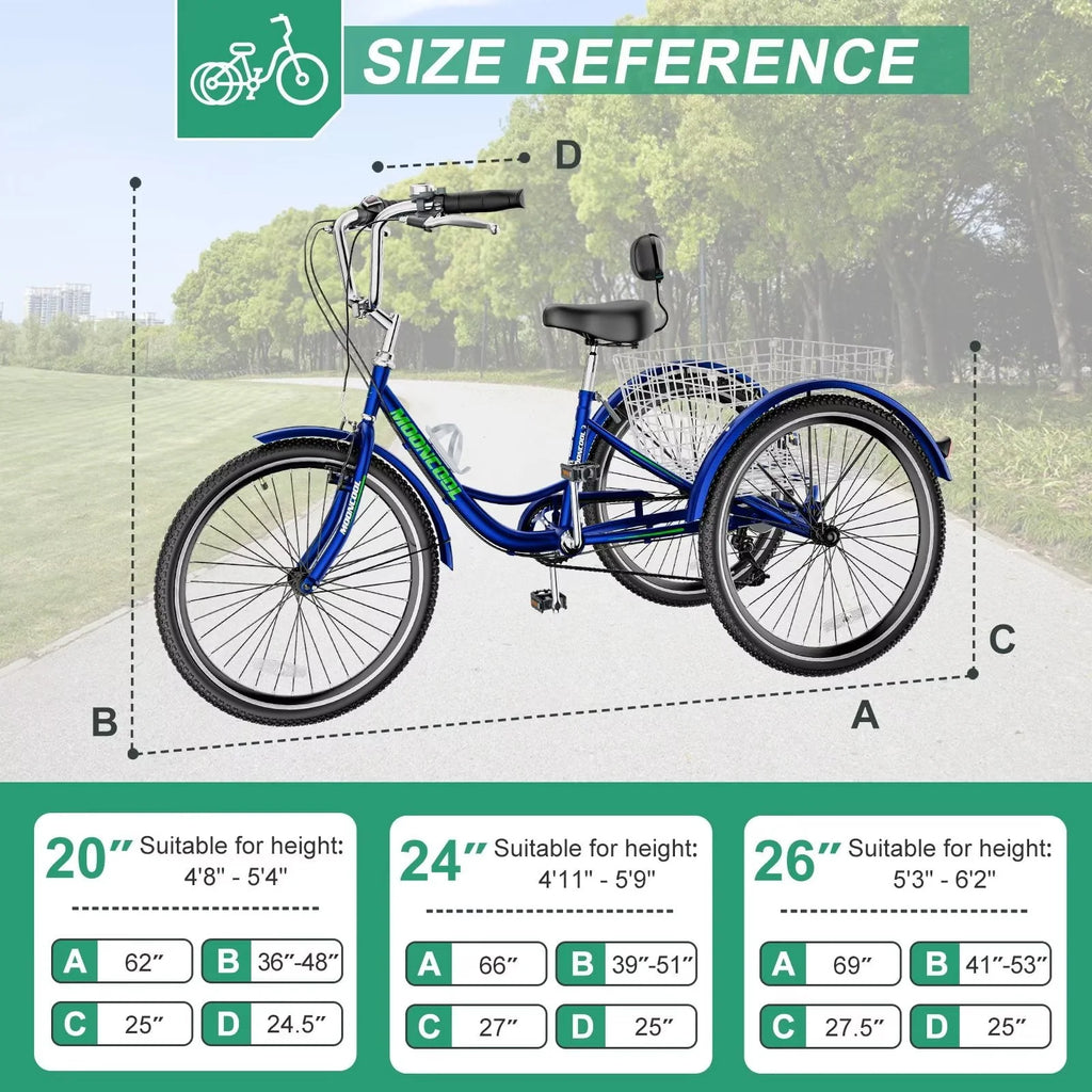 Cyan 26 inch 7-Speed Adult Tricycle with Basket B6015