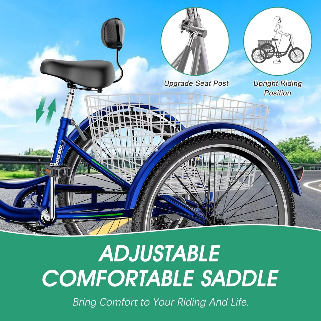 Cyan 26 inch 7-Speed Adult Tricycle with Basket B6015