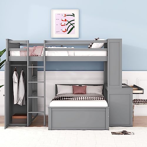 Twin Size Loft Bed with Built-in Desk & Wardrobes, Wood Bedframe with 4 Drawers & 4 Shelves, Gray F9468