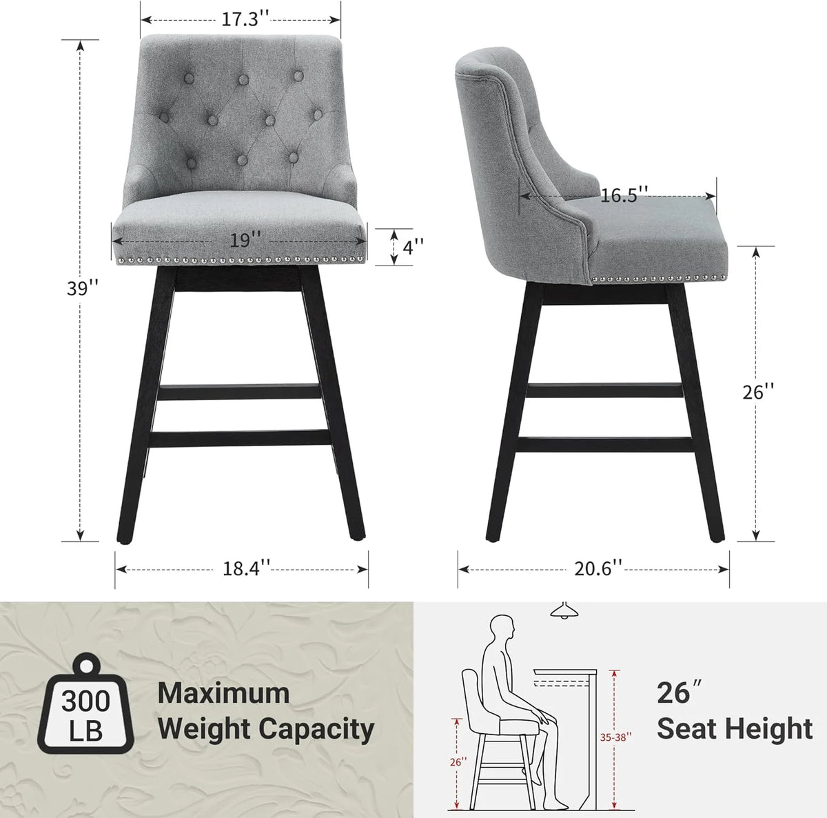 Grey 26” Upholstered Bar Stools Set of 4 with Wood Legs Z188