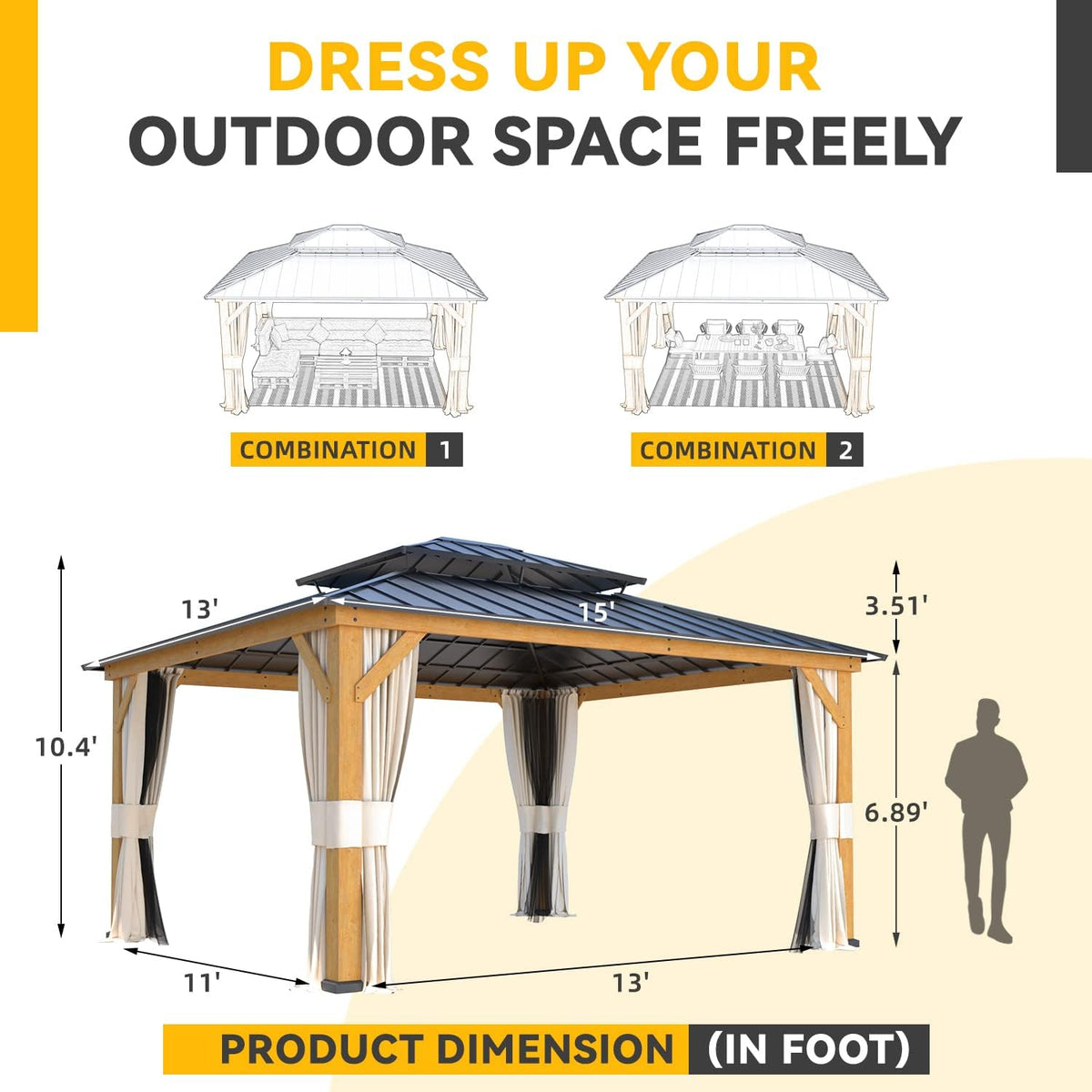 13'x15' Wood Gazebo with Netting and Curtains Q62778