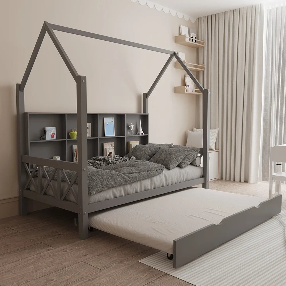 Twin House Bed with Trundle and Storage Shelve H174601