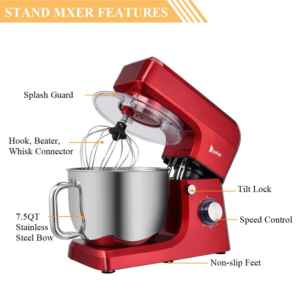 Red 6 Speed Control 7.5QT Electric Stand Mixer with Stainless Steel Bowl O11678