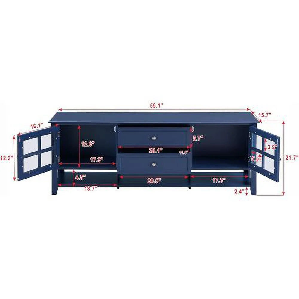 Blue TV Stand with 2 Drawers and Doors V554