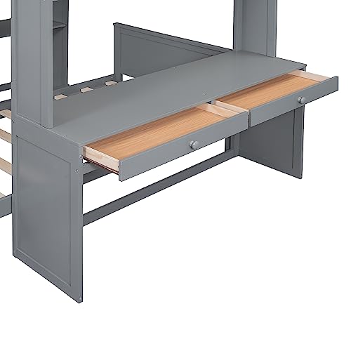 Twin Size Loft Bed with Built-in Desk & Wardrobes, Wood Bedframe with 4 Drawers & 4 Shelves, Gray F9468