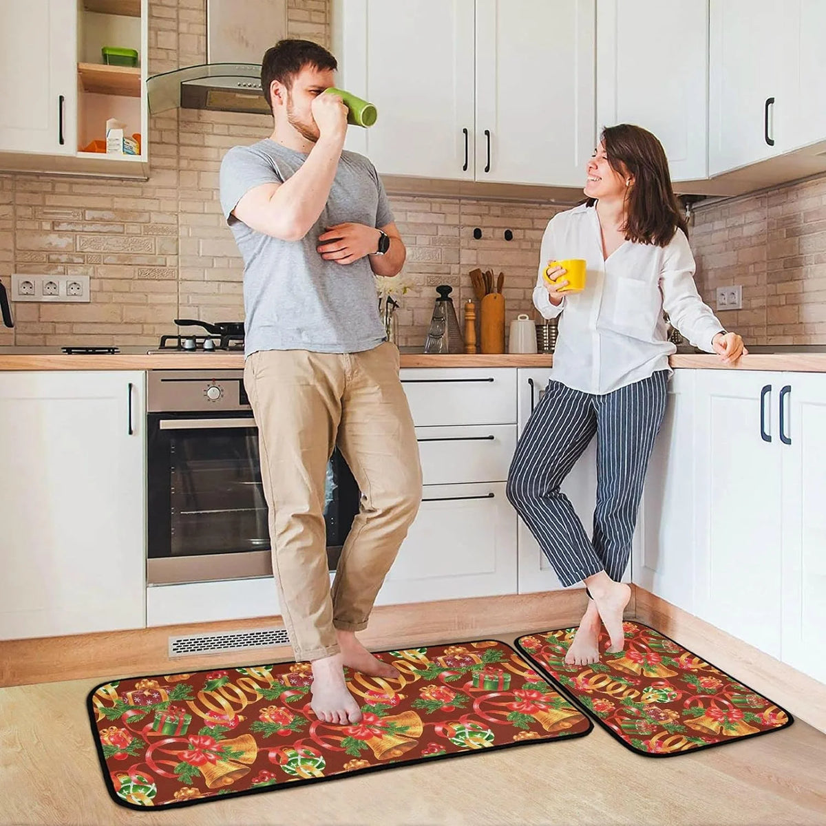 Christmas Jingling Bells Kitchen Mats Set of 2 Anti Fatigue Non Slip Floor Runner Rug 19.7x27.6 Inch + 19.7x47.2 Inch I790