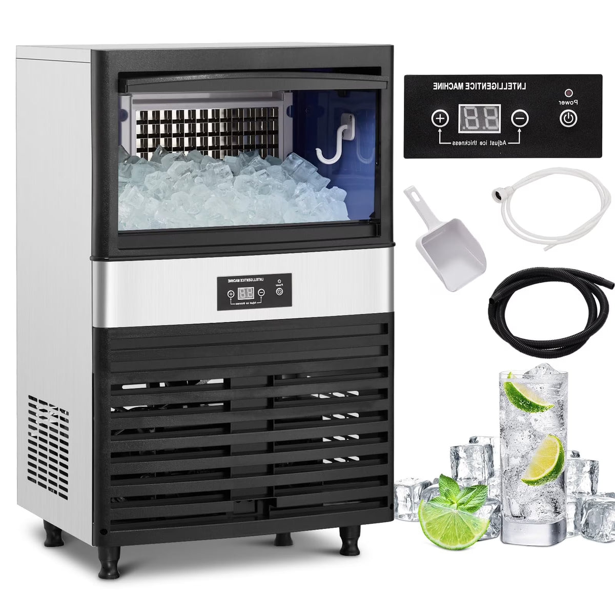 Commercial Ice Maker Machine, Under Counter, 110lbs in 24Hrs, 33lbs Storage Capacity K9593