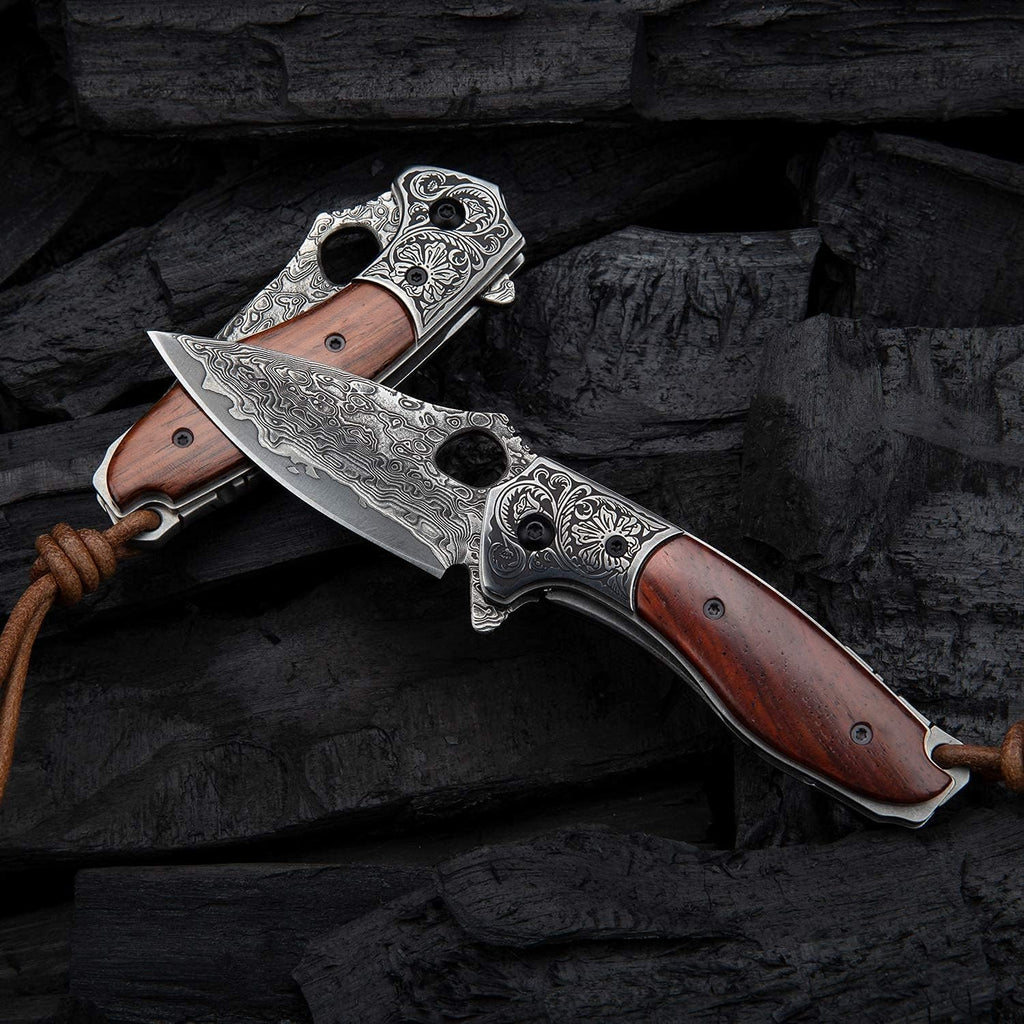 2.5in VG10 Damascus Steel Folding Pocket Knife with Rosewood Handle O3232