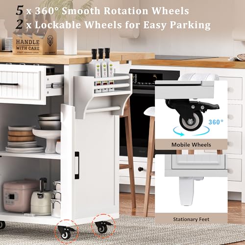 56.5" Rolling Kitchen Island with Drop Leaf, Power Outlet, 4 Doors, 5 Drawers, Black E357979
