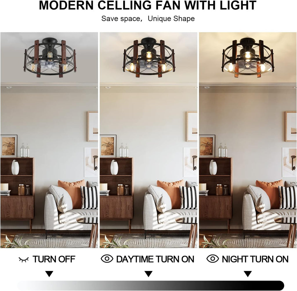 Industrial Ceiling Fan with Light Remote Control Metal Caged Wood Black Enclosed R48972