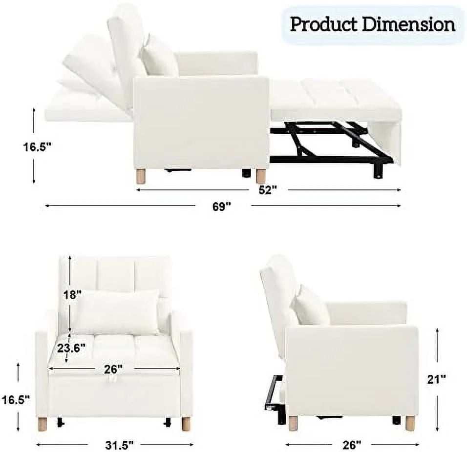 Convertible Chair Sleeper Velvet Adjustable Single Sofa Bed with Lumbar Y724
