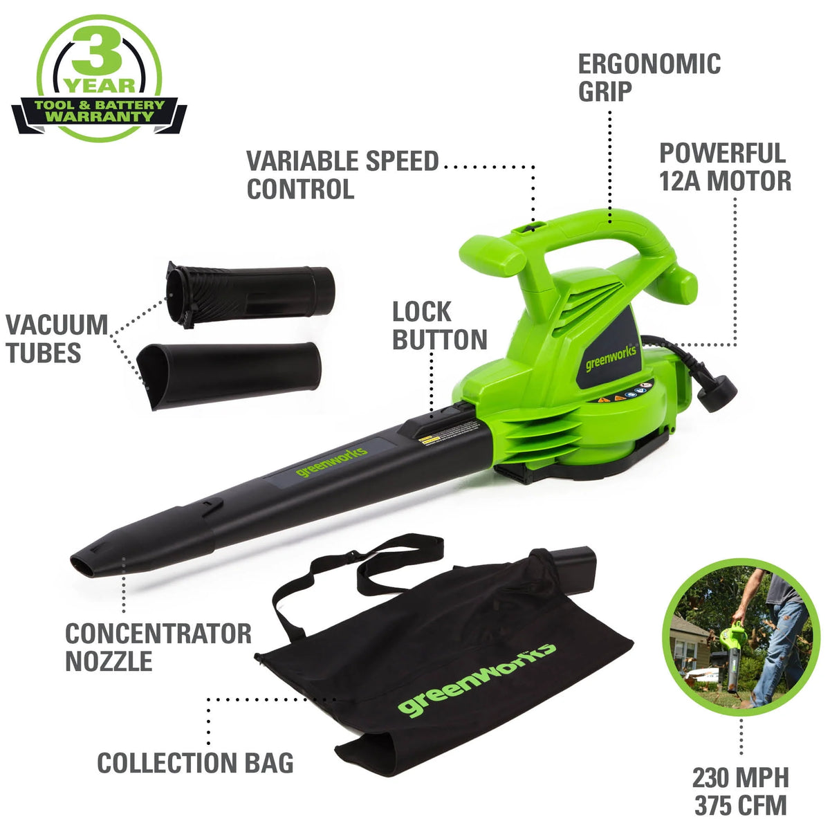 12 Amp 375 CFM Corded Electric Leaf Blower/Mulcher/Vacuum Z893