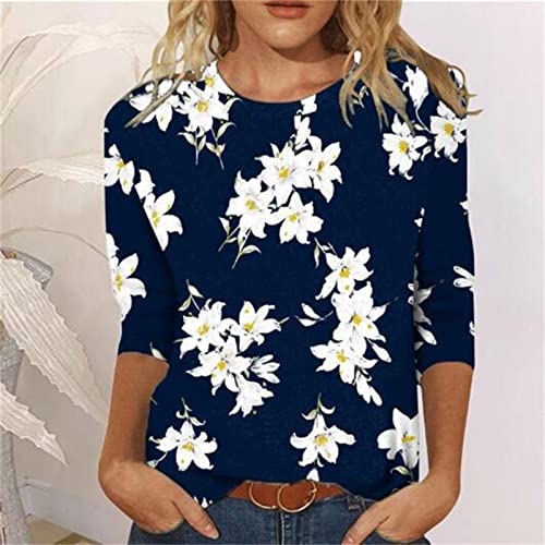 Womens 3/4 Sleeve Ethnic Floral Blouse Slim Fit Crewneck Pullover Tees J346