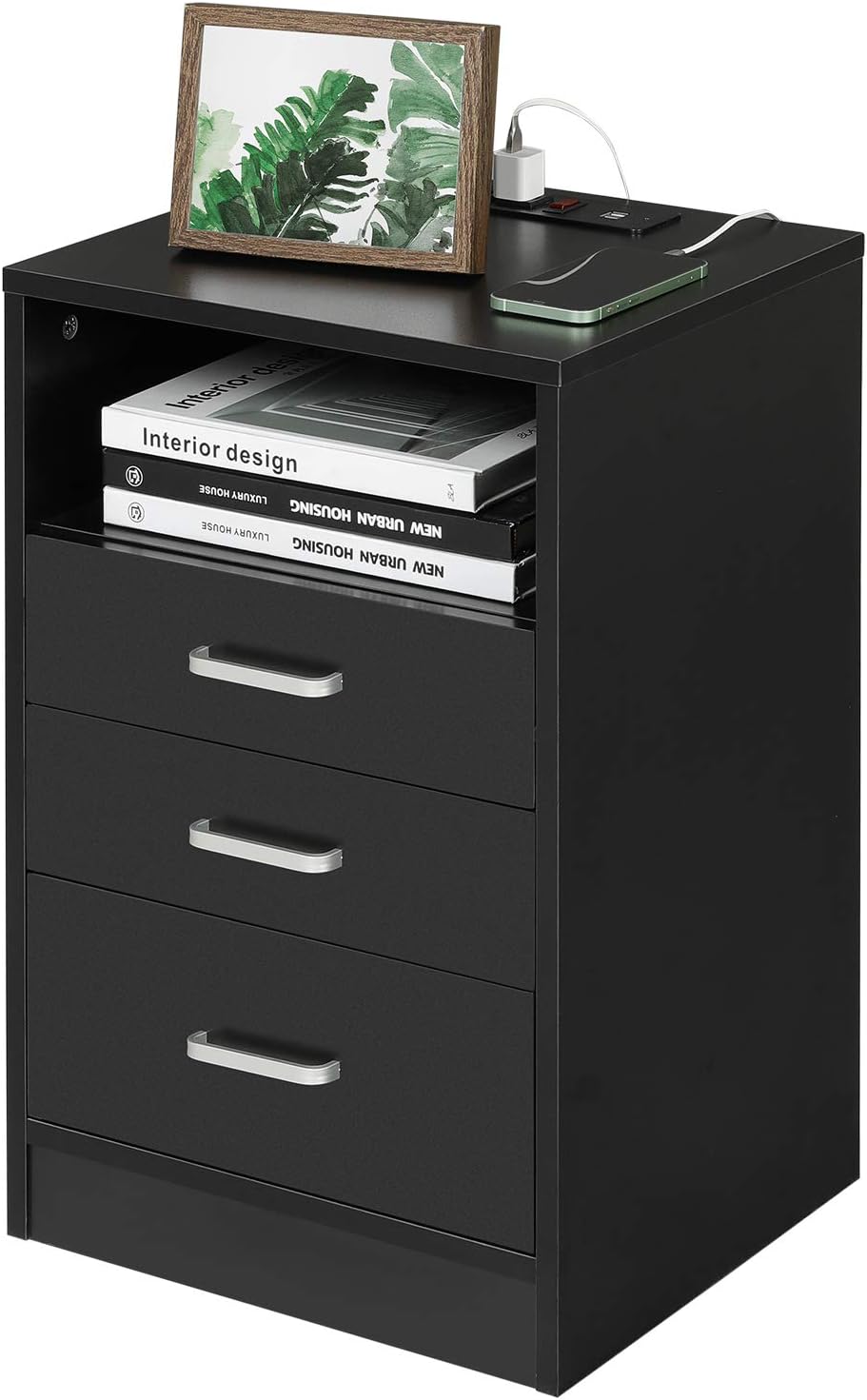 Black 3 Drawer Wood Nightstand with USB Port K779
