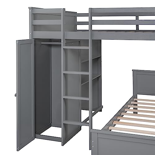 Twin Size Loft Bed with Built-in Desk & Wardrobes, Wood Bedframe with 4 Drawers & 4 Shelves, Gray F9468