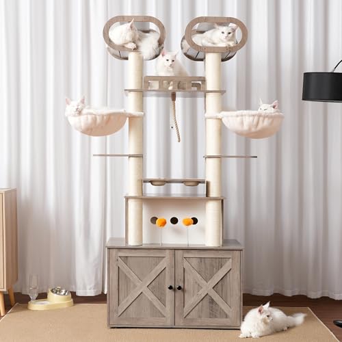76.8-inch Wooden Cat Tree with Litter Box Enclosure and Scratching Post I49415