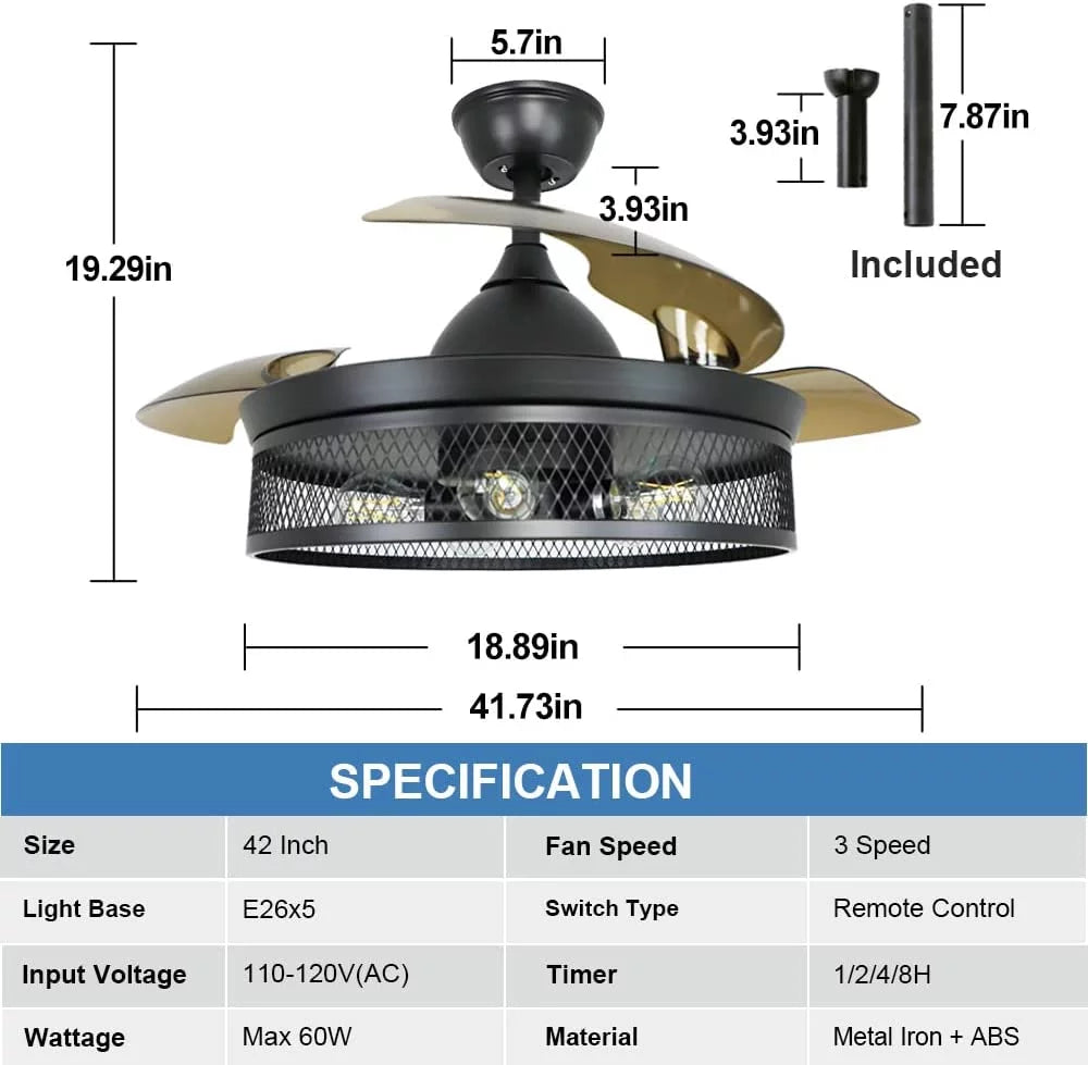 42" Invisible Ceiling Fan with Light and Remote O7582