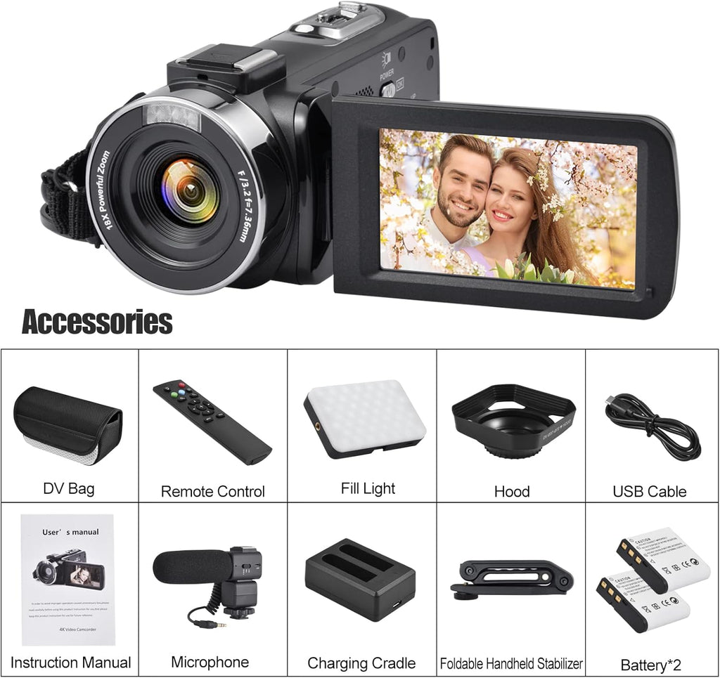 4K 48MP 3.0 Inch IPS Touch Screen Camcorder with Microphone and 2 Batteries (Black) J774