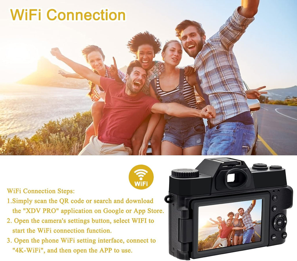 4K 48MP Digital Camera with 3.0 inch 180Deg Flip Screen and 2 Batteries K2103