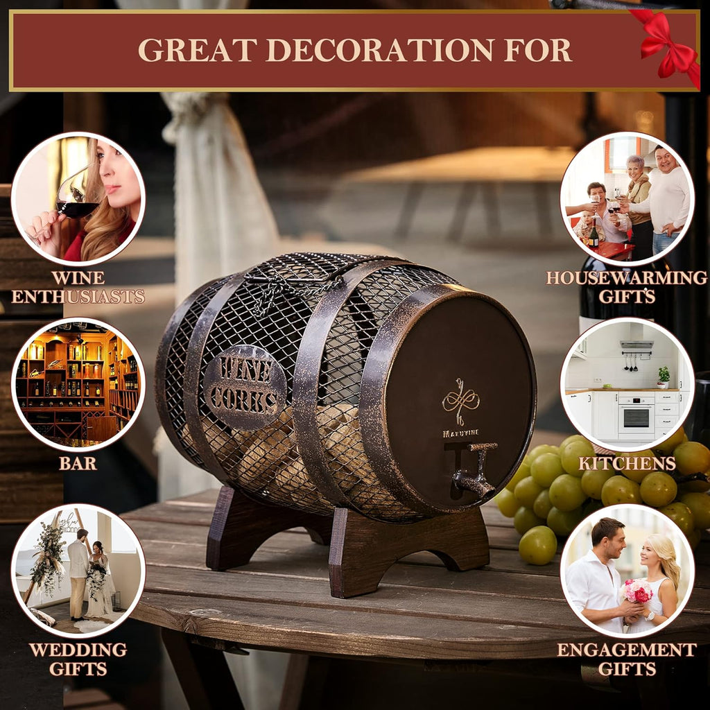 Rustic Metal Large Barrel Wine Cork Holder Display On Wooden Stand N36402