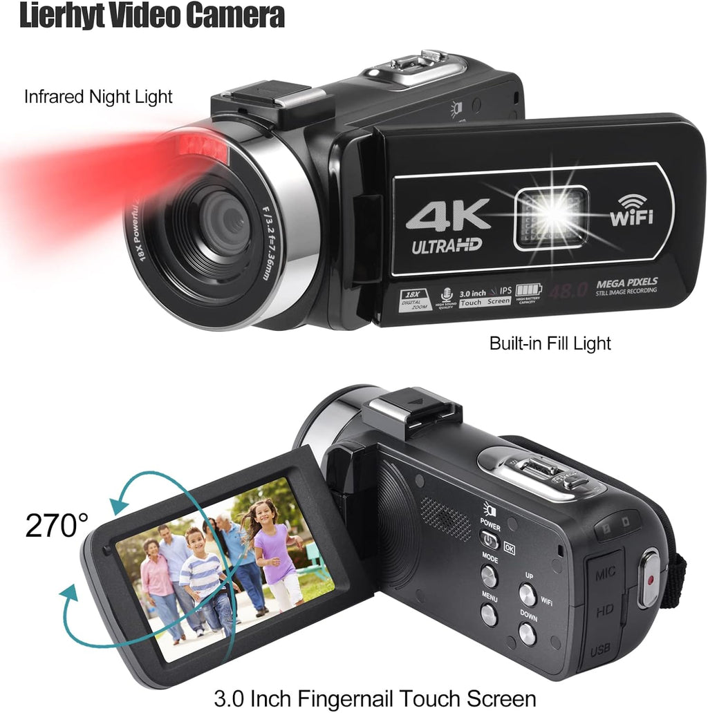 4K 48MP 3.0 Inch IPS Touch Screen Camcorder with Microphone and 2 Batteries (Black) J774