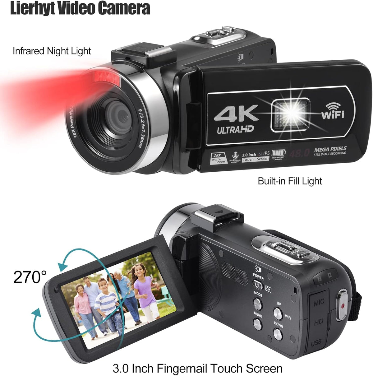 4K 48MP 3.0 Inch IPS Touch Screen Camcorder with Microphone and 2 Batteries (Black) J774