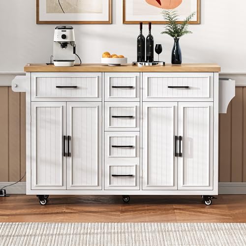 56.5" Rolling Kitchen Island with Drop Leaf, Power Outlet, 4 Doors, 5 Drawers, Black E357979