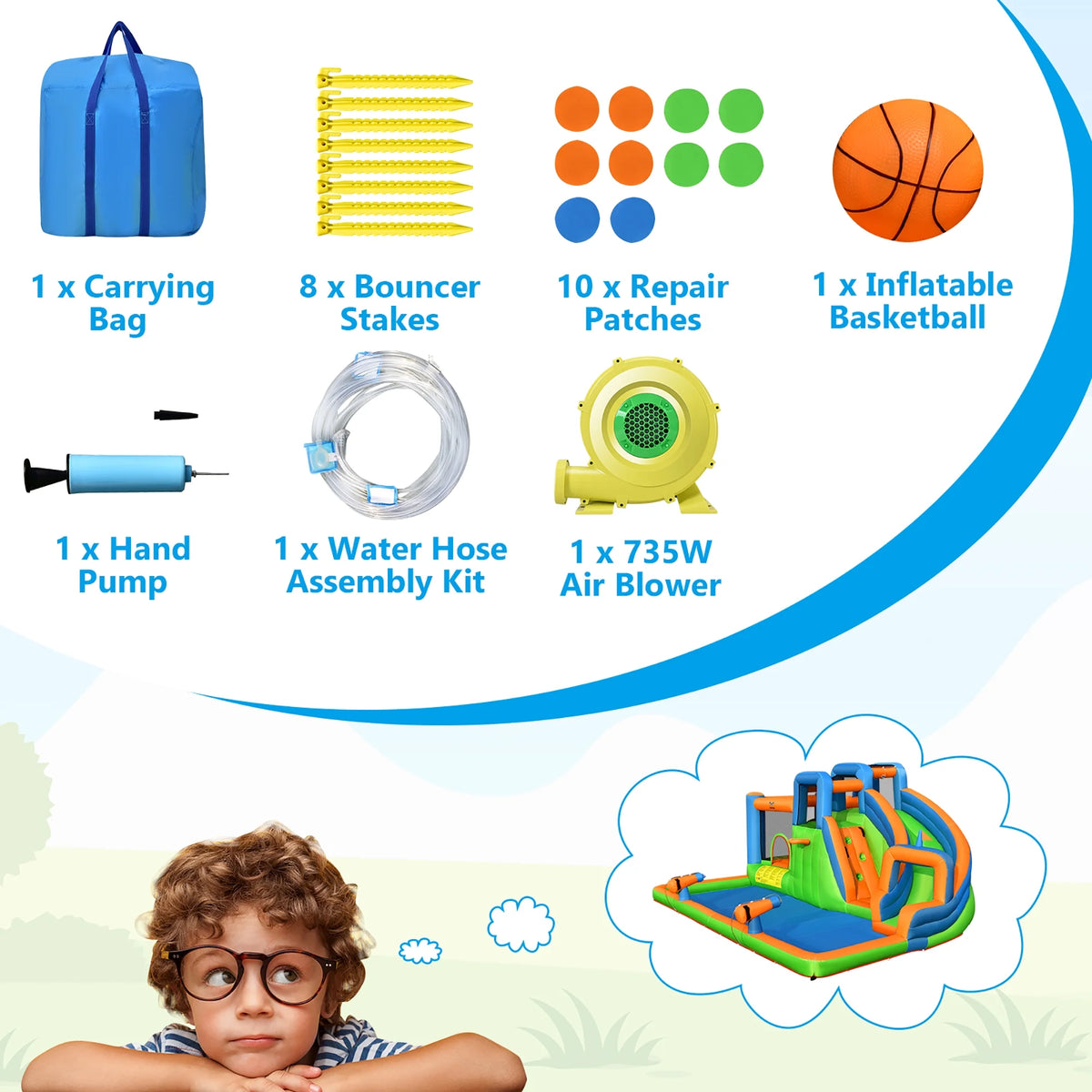 Inflatable Water Slide Bounce Castle with Dual Climbing Walls and 735W Blower I323