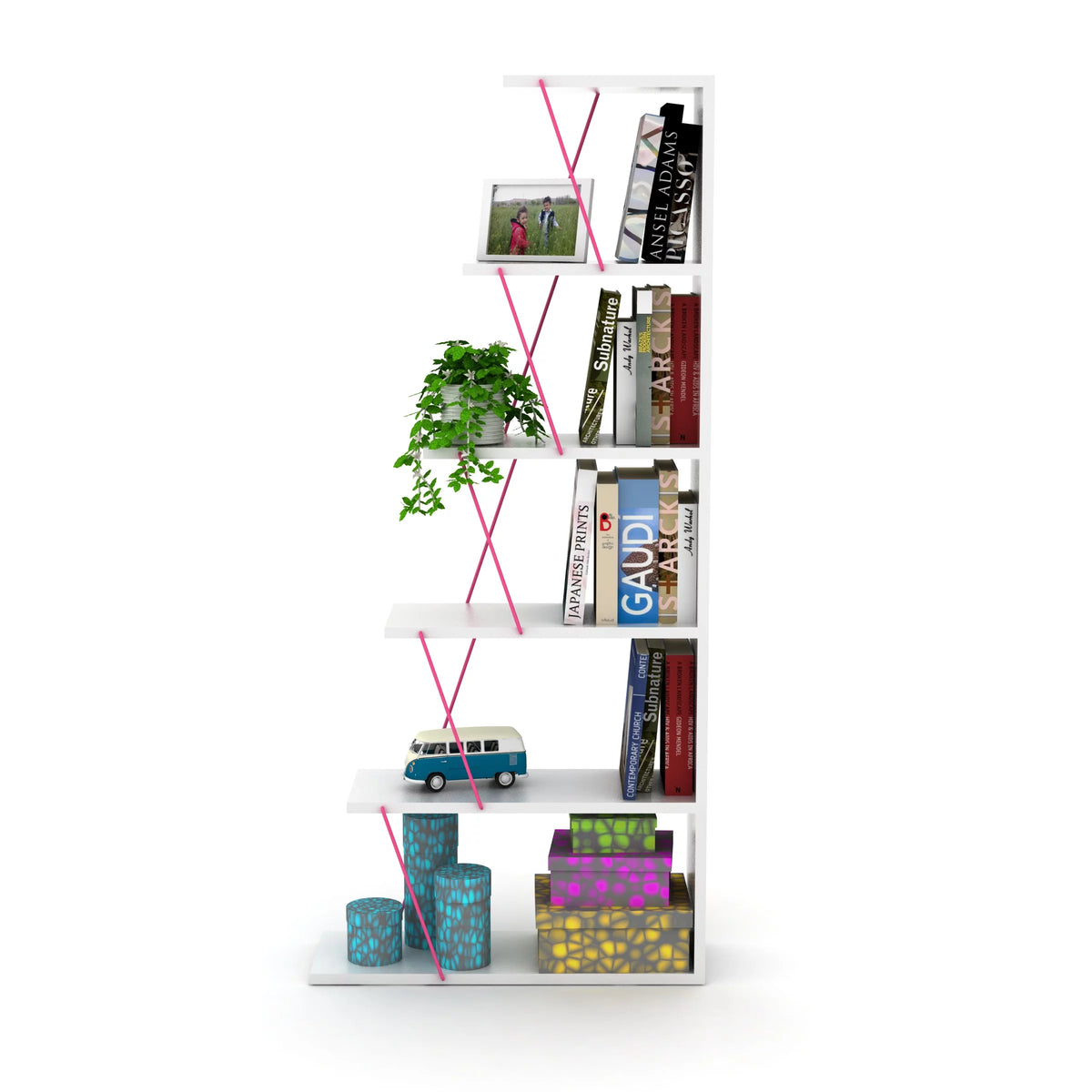 Modern 5 Tier Ladder Bookshelf, White/Pink S91658