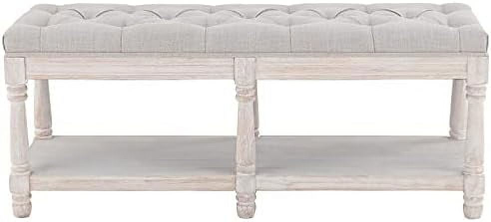 Beige Tufted Wood Entryway Bench S153