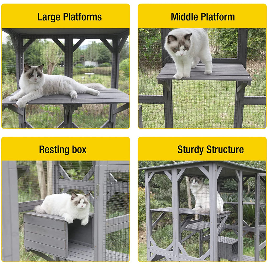Cat Enclosure, 5-Platform Wooden Cat House with Asphalt Roof, 71 in M1900
