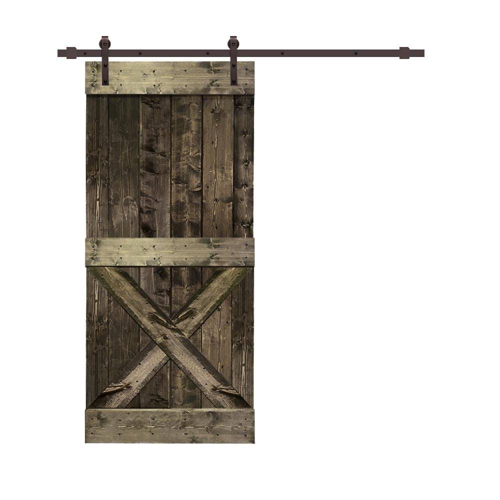 36 in. x 84 in. Distressed Espresso Stained Solid Knotty Pine Wood Interior Sliding Barn Door with Hardware Kit Y261162
