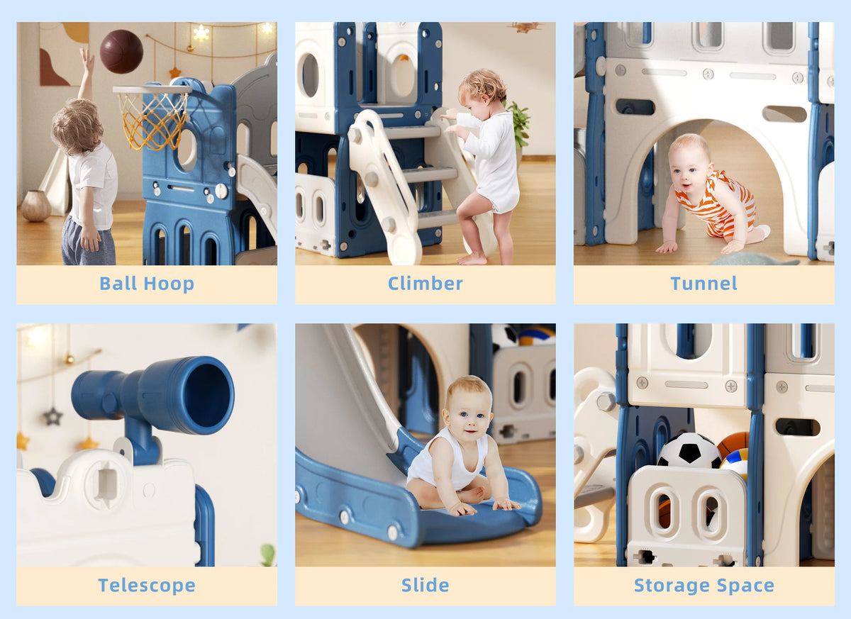 8 in 1 Toddler Slide with Climber, Basketball Hoop, Tunnel and Storage Space Z8013