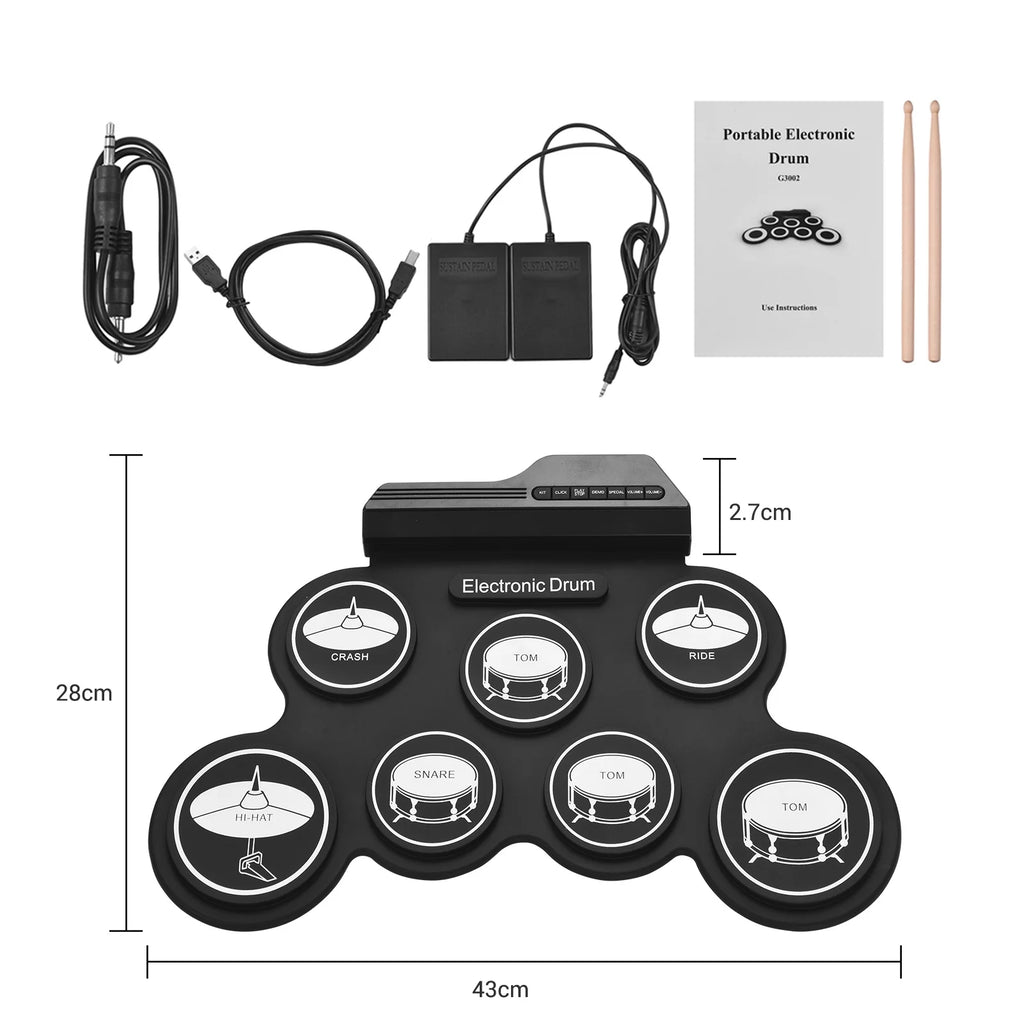 Compact USB Silicon Drum Set with 7 Drum Pads Drumsticks Foot Pedals X5259