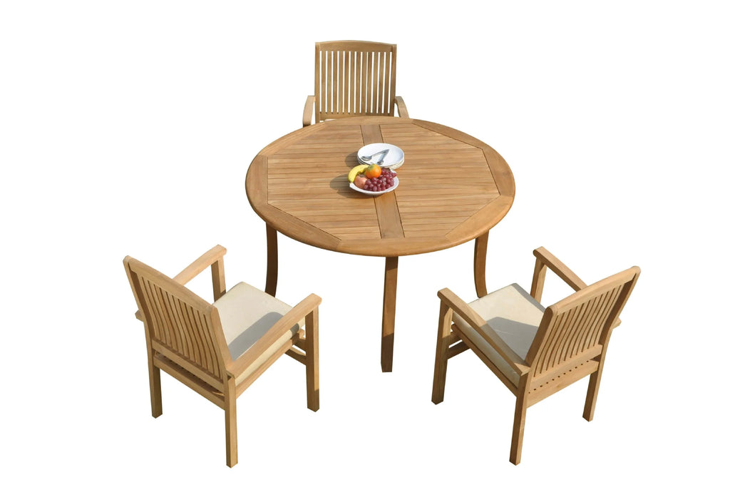 Grade-A Teak 4 Pc Dining Set with 52" Round Table and 3 Stacking Arm Chairs T501