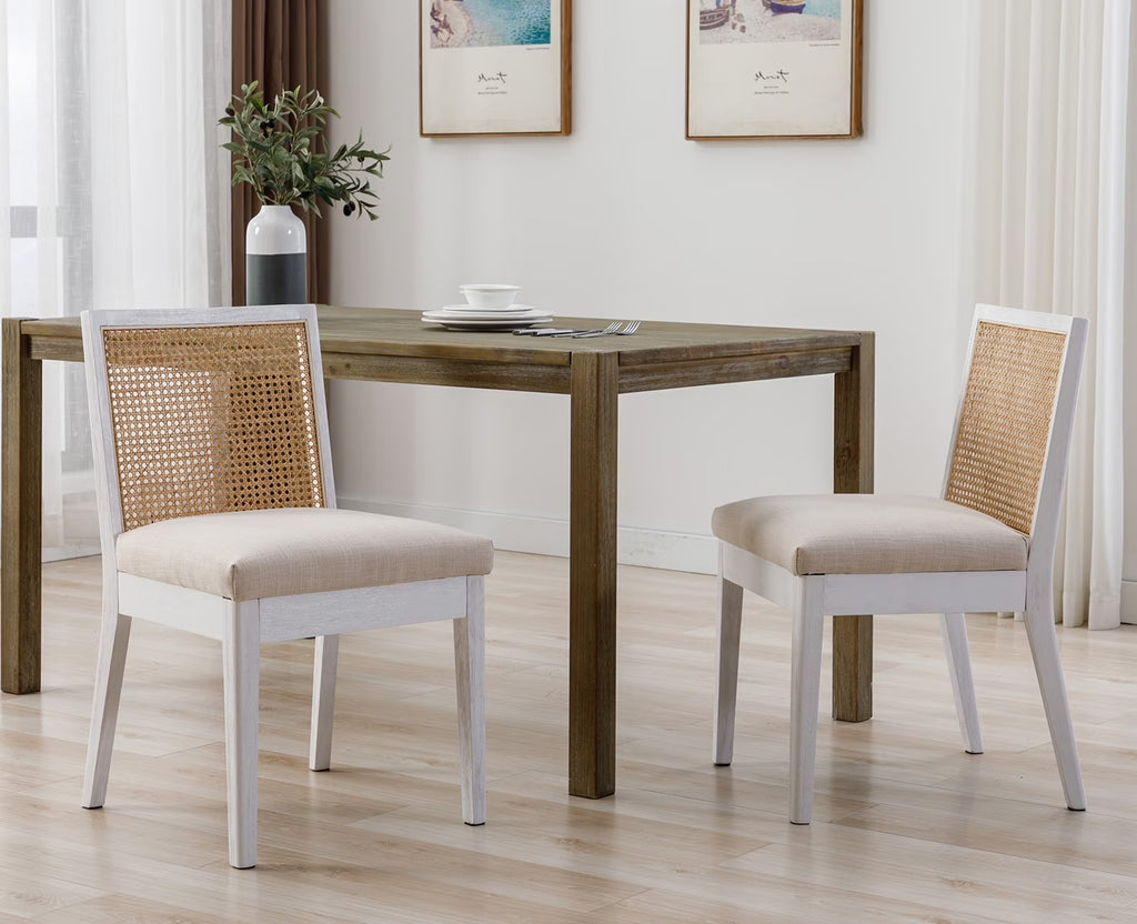Beige Rattan Dining Chairs Set of 2 with White Hardwood Frame G112672