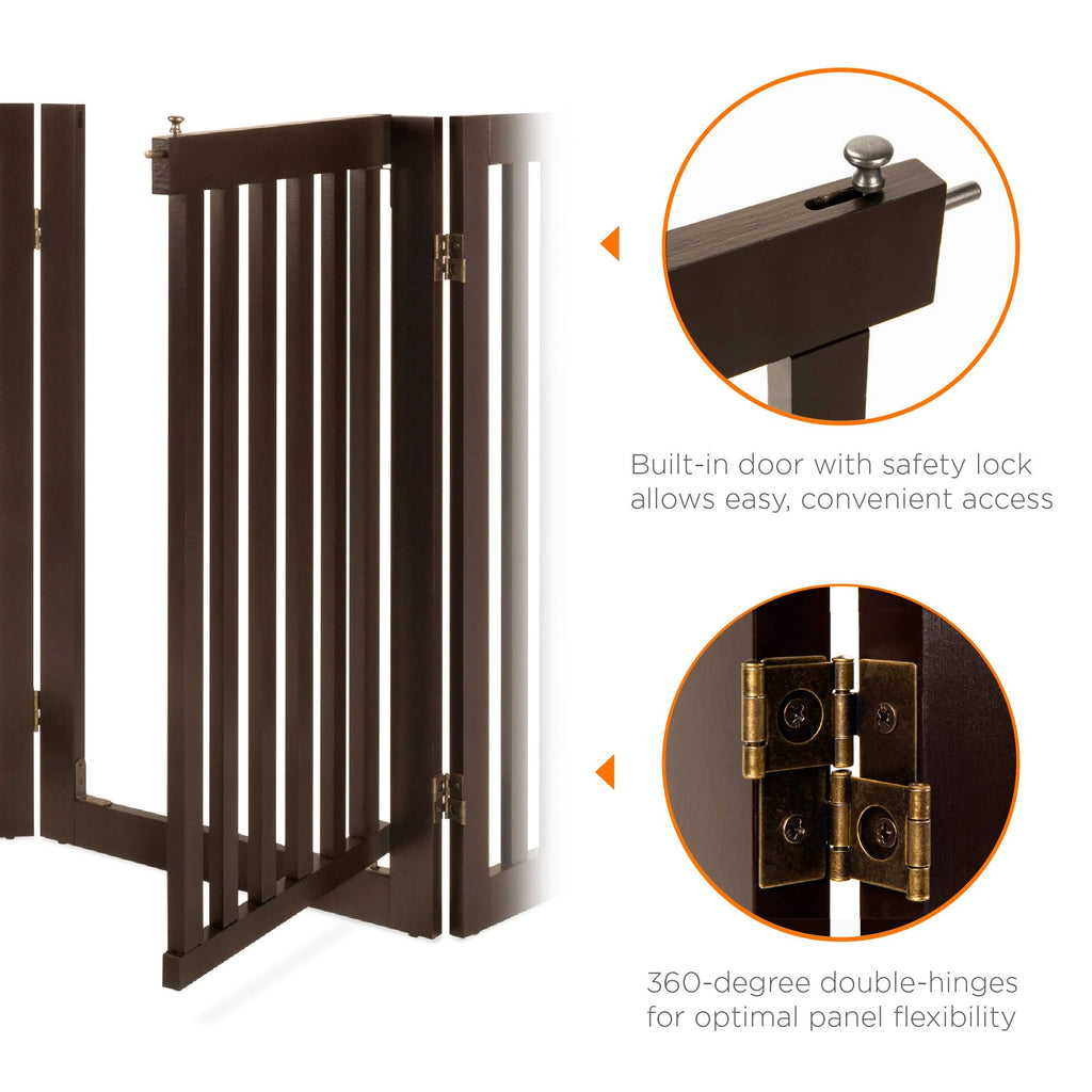 Espresso 4-Panel Freestanding Wooden Pet Gate with Walk Through Door C461