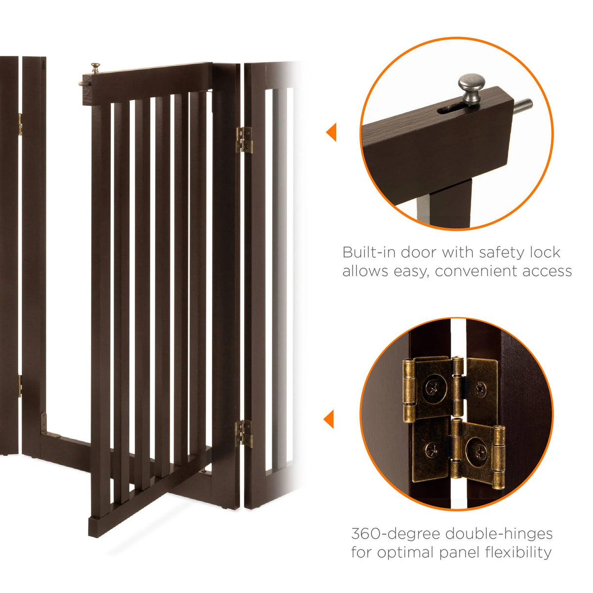 Espresso 4-Panel Freestanding Wooden Pet Gate with Walk Through Door C461