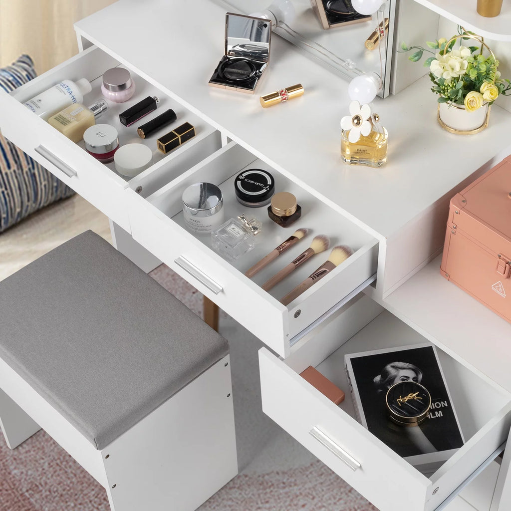 Modern Vanity Table Set with Lighted Mirror, 5 Drawer White G670173