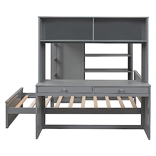 Twin Size Loft Bed with Built-in Desk & Wardrobes, Wood Bedframe with 4 Drawers & 4 Shelves, Gray F9468